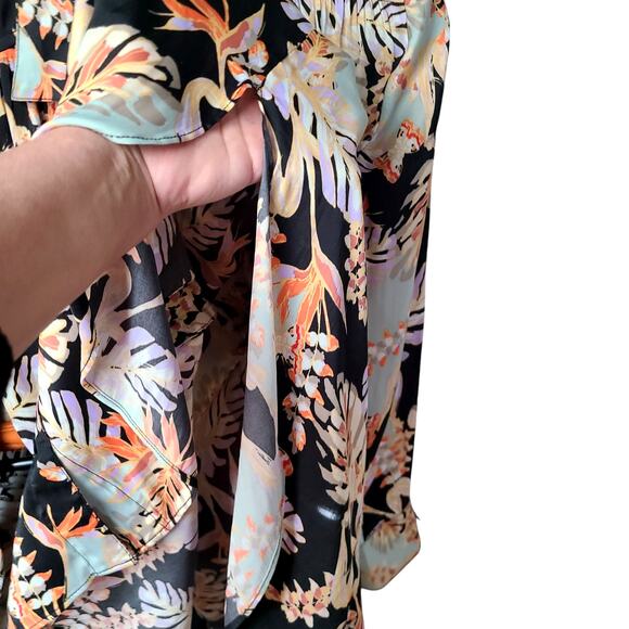 Free People Tropical Satin Blouse L Under the Palms Button-Up Boho Long Sleeve - Picture 10 of 11